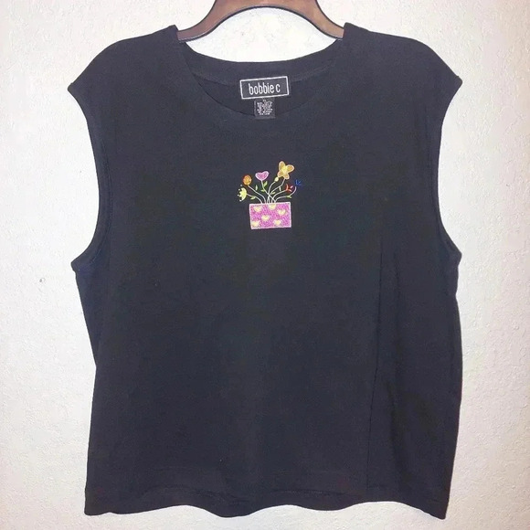 Bobbie C XL Cotton Black Multicolor Floral Embroidered Cardigan & Tank Top - Picture 2 of 7